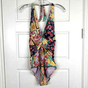 JOHNNY WAS Japer Floral Halter Plunge One Piece Swimsuit NEW Size M